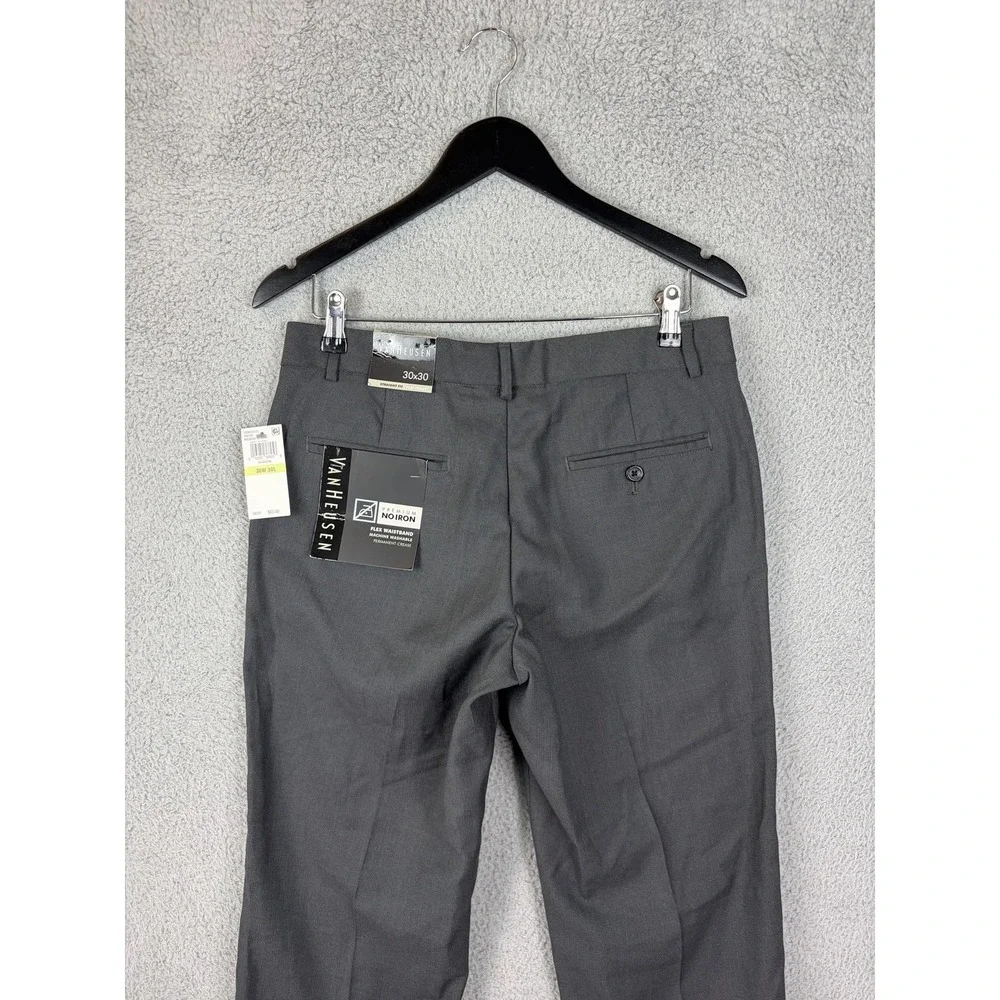 Van Heusen Premium No Iron Dress Pants Mens 30x30 Gray Flat Front Charcoal NEW